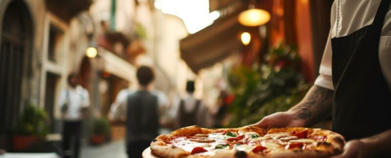 Idée de menu de restaurant serveur servant une pizza sur un plateau en bois dans un café d'une rue du vieux Rome. Meilleures Pizzerías à Paris