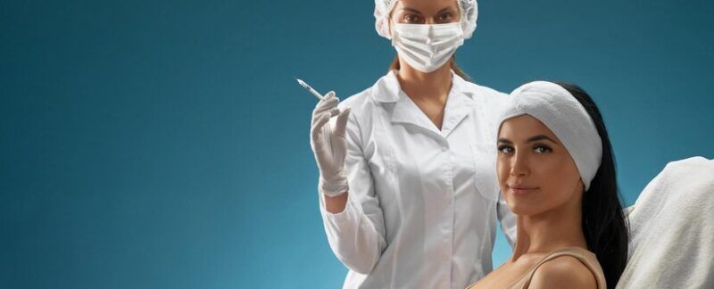 Cosmétologue avec seringue et patient sur une chaise. Cliniques Esthétiques à Paris